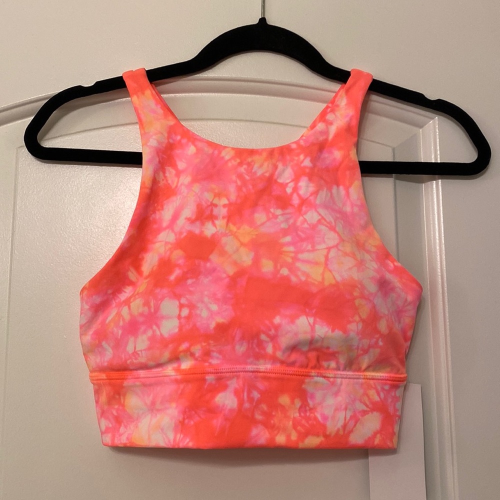 NWT lululemon energy bra high neck long line tie due pink orange 6